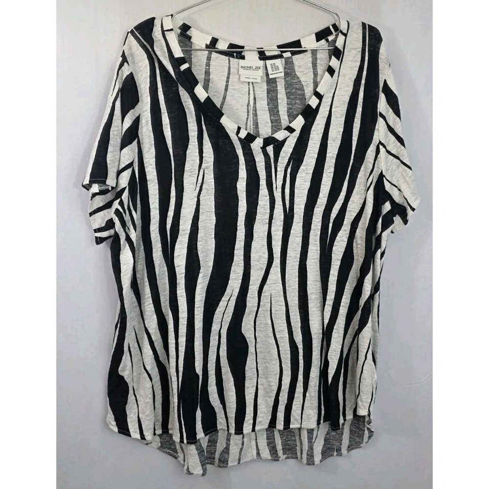 RACHEL ZOE Black White Zebra Print 2X  100% Linen Shirt High Low Slub Knit Top